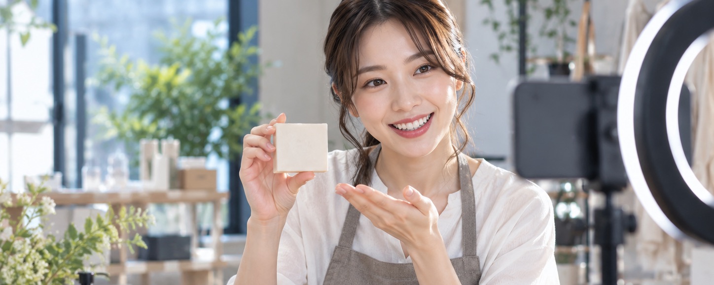 明るい店内で、店主がカメラに向かって商品を見せている